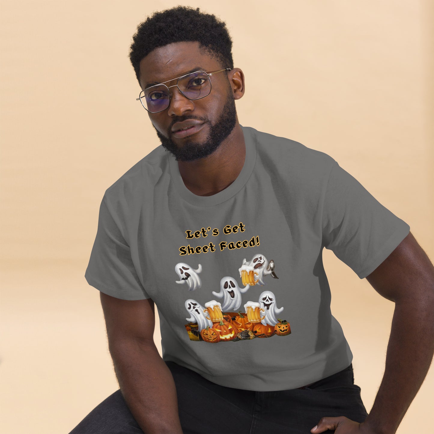 The viral "Let's Get Sheet Faced" Unisex Classic Tee with Drunken Ghosts - Fun, Comfortable, and Perfect for Halloween