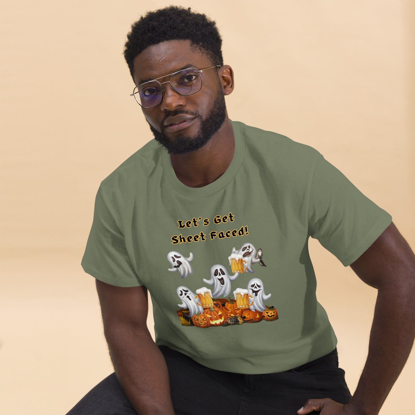 The viral "Let's Get Sheet Faced" Unisex Classic Tee with Drunken Ghosts - Fun, Comfortable, and Perfect for Halloween