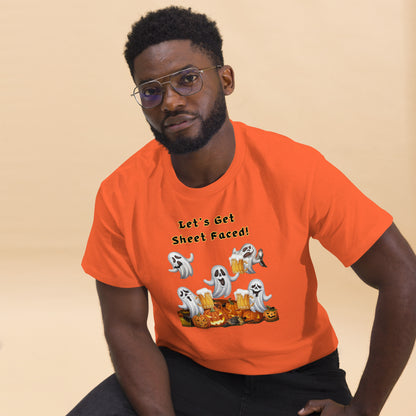 The viral "Let's Get Sheet Faced" Unisex Classic Tee with Drunken Ghosts - Fun, Comfortable, and Perfect for Halloween