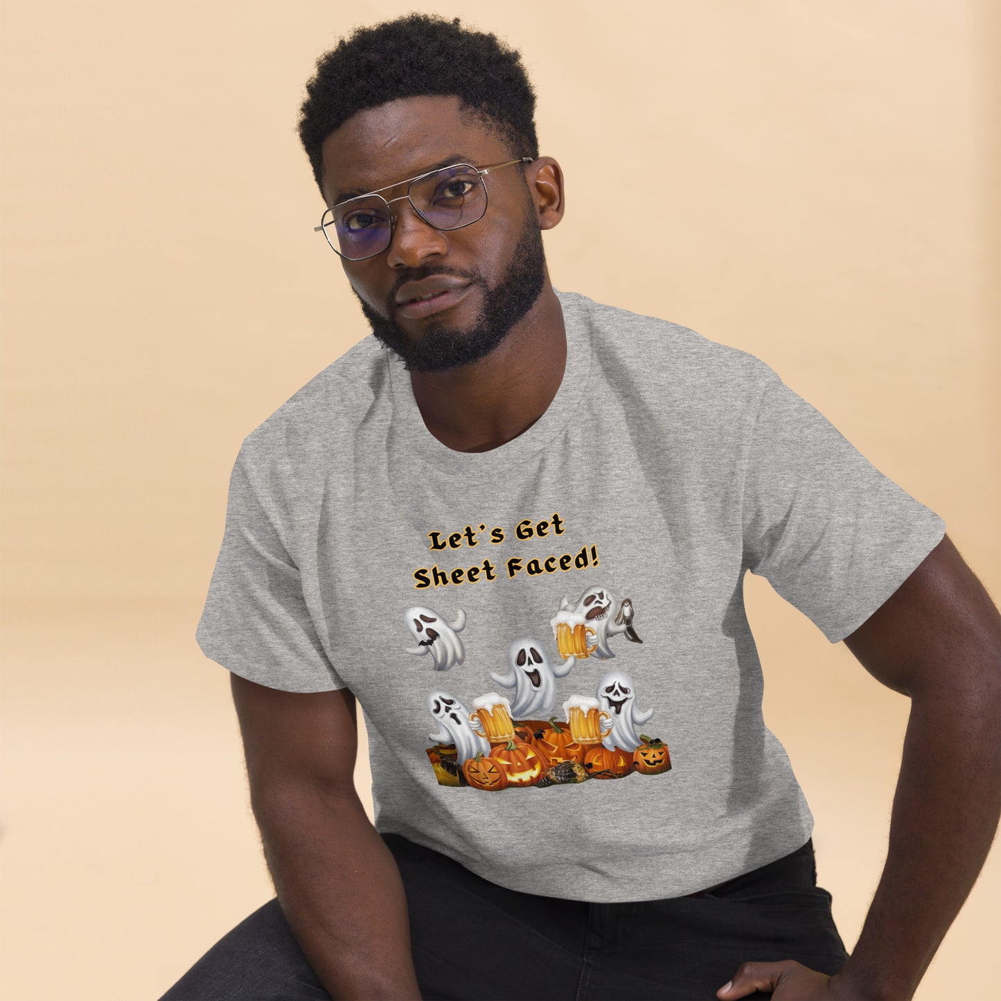 The viral "Let's Get Sheet Faced" Unisex Classic Tee with Drunken Ghosts - Fun, Comfortable, and Perfect for Halloween