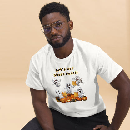 The viral "Let's Get Sheet Faced" Unisex Classic Tee with Drunken Ghosts - Fun, Comfortable, and Perfect for Halloween