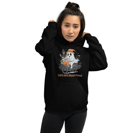 "Let's Get Sheet Faced" Unisex Hoodie with Adorable Ghost Riding a Bike - Cozy, Fun, and Perfect for Cooler Evenings