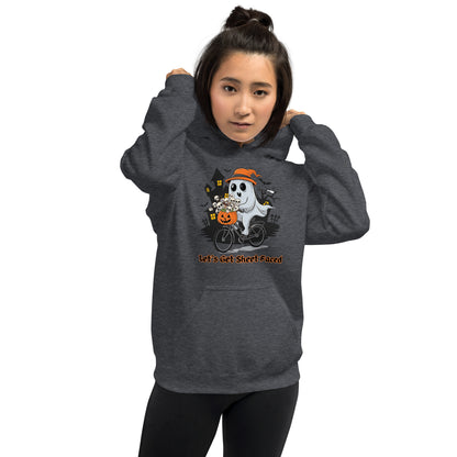 "Let's Get Sheet Faced" Unisex Hoodie with Adorable Ghost Riding a Bike - Cozy, Fun, and Perfect for Cooler Evenings