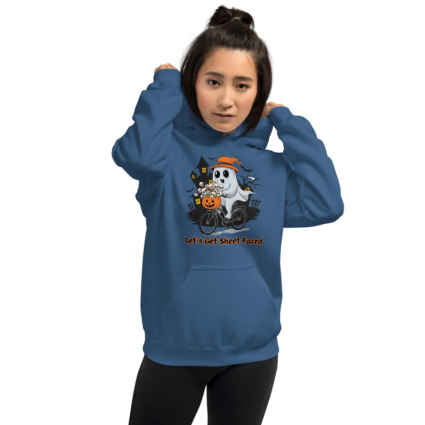 "Let's Get Sheet Faced" Unisex Hoodie with Adorable Ghost Riding a Bike - Cozy, Fun, and Perfect for Cooler Evenings