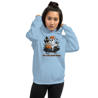 "Let's Get Sheet Faced" Unisex Hoodie with Adorable Ghost Riding a Bike - Cozy, Fun, and Perfect for Cooler Evenings