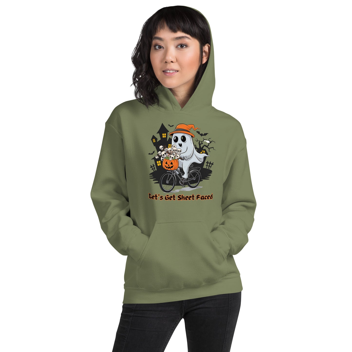 The Viral "Let's Get Sheet Faced" Unisex Hoodie with Adorable Ghost Riding a Bike - Cozy, Fun, and Perfect for Cooler Evenings