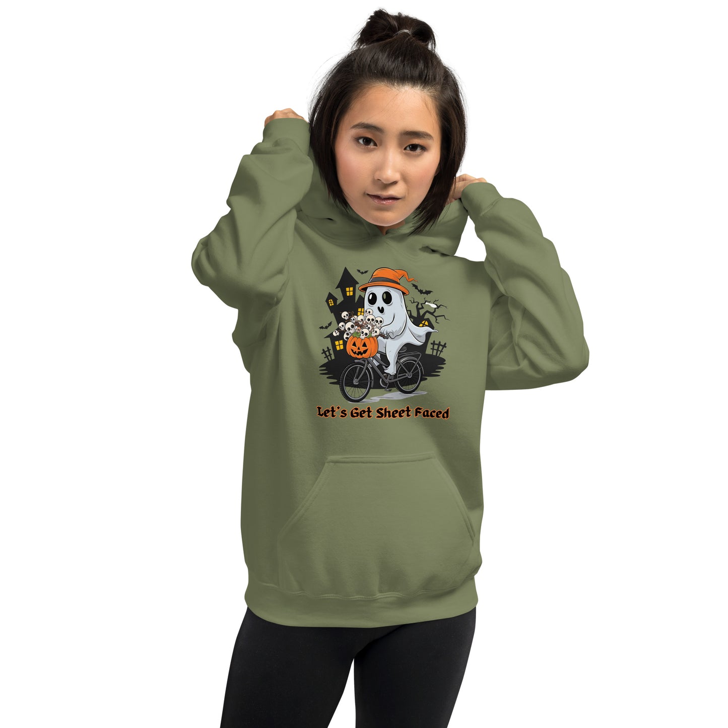 "Let's Get Sheet Faced" Unisex Hoodie with Adorable Ghost Riding a Bike - Cozy, Fun, and Perfect for Cooler Evenings