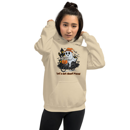 "Let's Get Sheet Faced" Unisex Hoodie with Adorable Ghost Riding a Bike - Cozy, Fun, and Perfect for Cooler Evenings