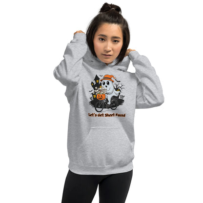 "Let's Get Sheet Faced" Unisex Hoodie with Adorable Ghost Riding a Bike - Cozy, Fun, and Perfect for Cooler Evenings