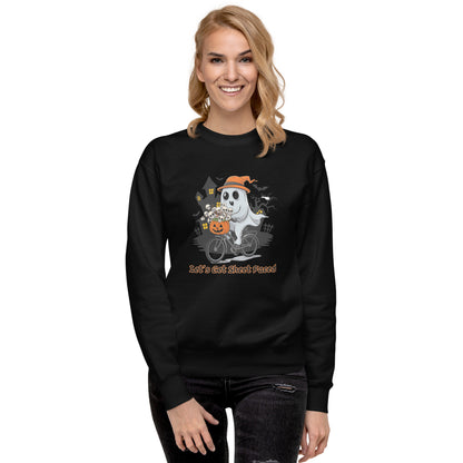 "Let's Get Sheet Faced" Unisex Premium Sweatshirt with Cute Ghost Riding a Bike - Cozy, Fun, and Perfect for Halloween