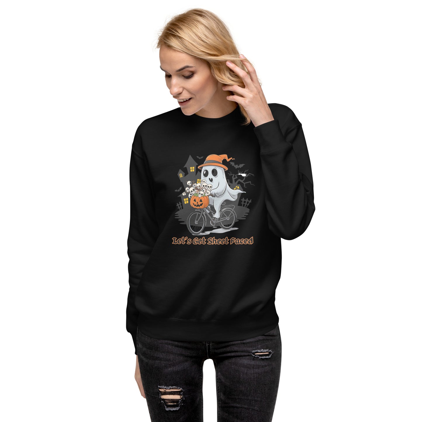 "Let's Get Sheet Faced" Unisex Premium Sweatshirt with Cute Ghost Riding a Bike - Cozy, Fun, and Perfect for Halloween