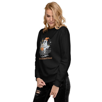 "Let's Get Sheet Faced" Unisex Premium Sweatshirt with Cute Ghost Riding a Bike - Cozy, Fun, and Perfect for Halloween