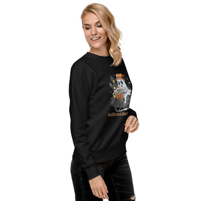 "Let's Get Sheet Faced" Unisex Premium Sweatshirt with Cute Ghost Riding a Bike - Cozy, Fun, and Perfect for Halloween