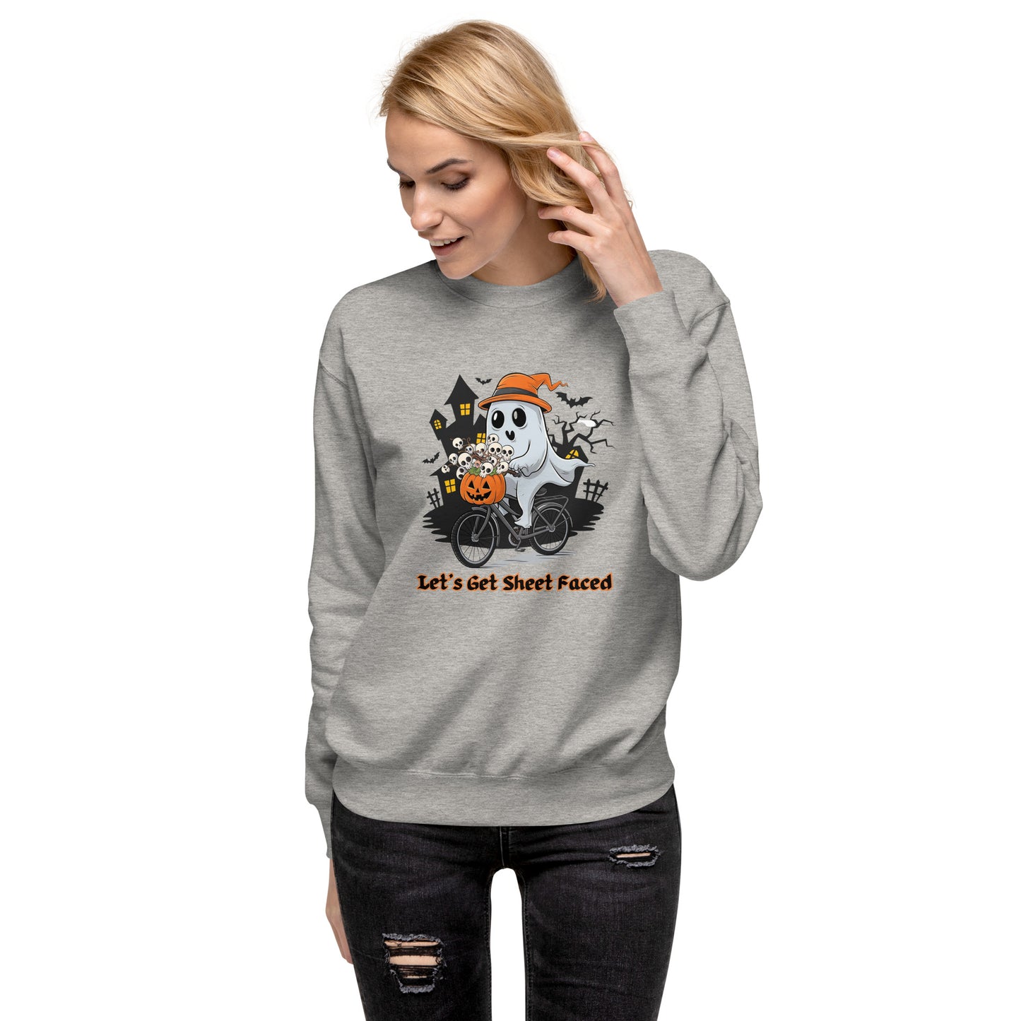 "Let's Get Sheet Faced" Unisex Premium Sweatshirt with Cute Ghost Riding a Bike - Cozy, Fun, and Perfect for Halloween