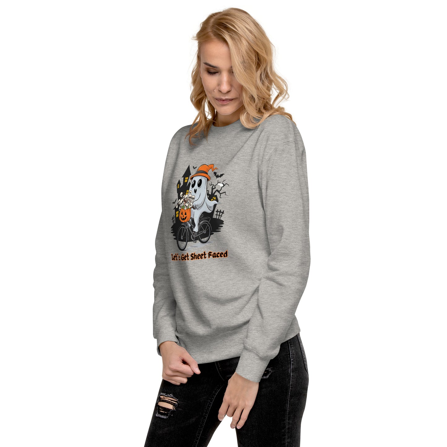 "Let's Get Sheet Faced" Unisex Premium Sweatshirt with Cute Ghost Riding a Bike - Cozy, Fun, and Perfect for Halloween