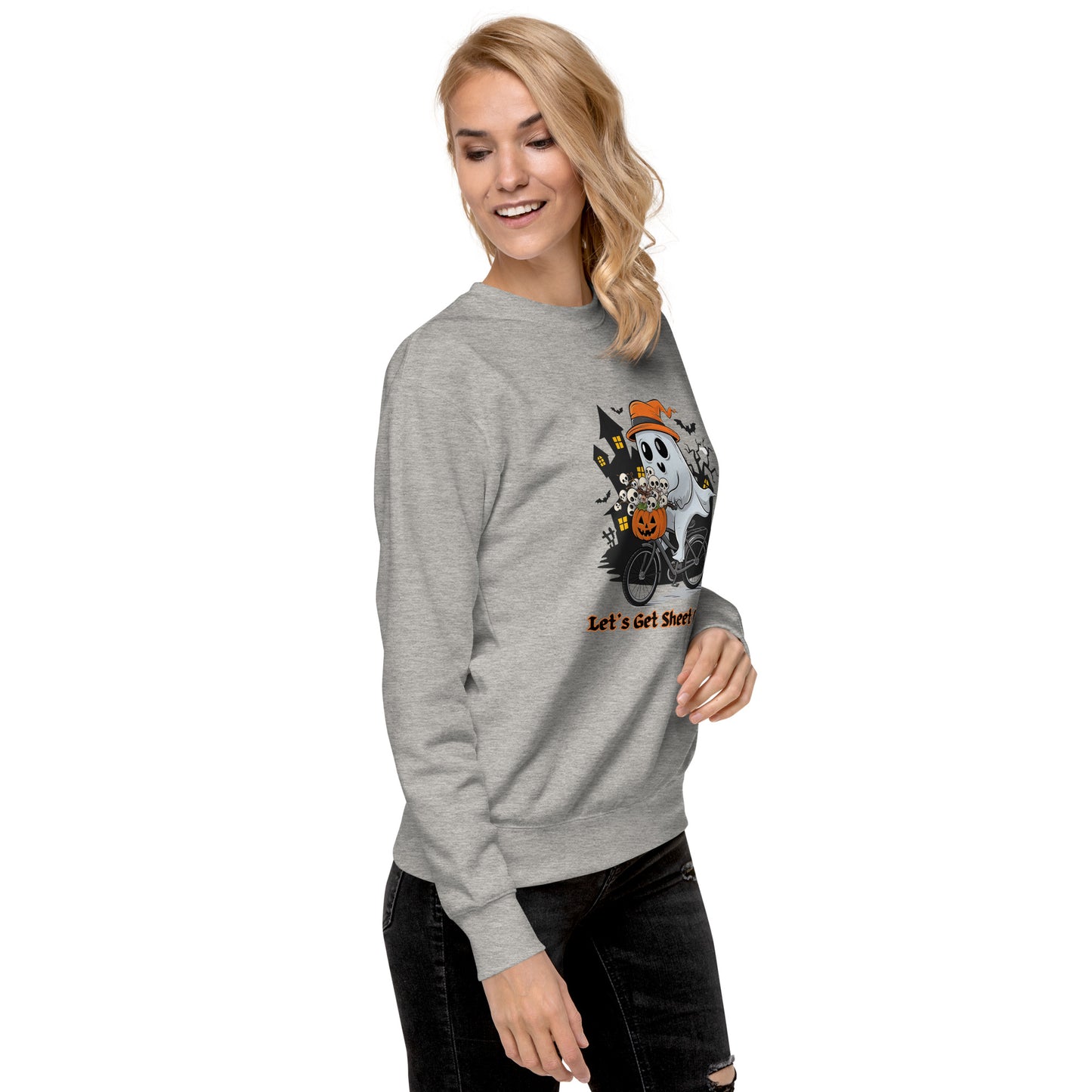 "Let's Get Sheet Faced" Unisex Premium Sweatshirt with Cute Ghost Riding a Bike - Cozy, Fun, and Perfect for Halloween