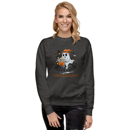 "Let's Get Sheet Faced" Unisex Premium Sweatshirt with Cute Ghost Riding a Bike - Cozy, Fun, and Perfect for Halloween