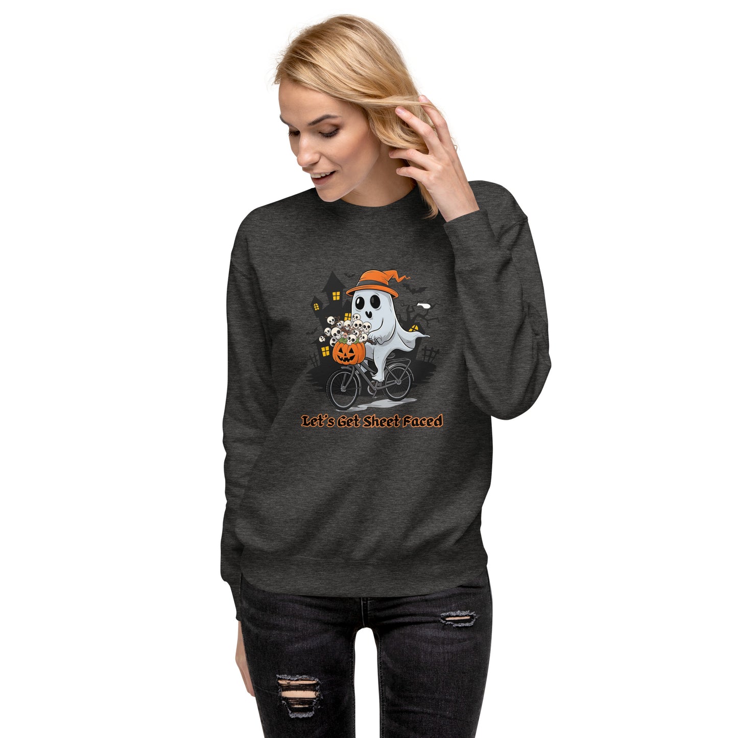 "Let's Get Sheet Faced" Unisex Premium Sweatshirt with Cute Ghost Riding a Bike - Cozy, Fun, and Perfect for Halloween