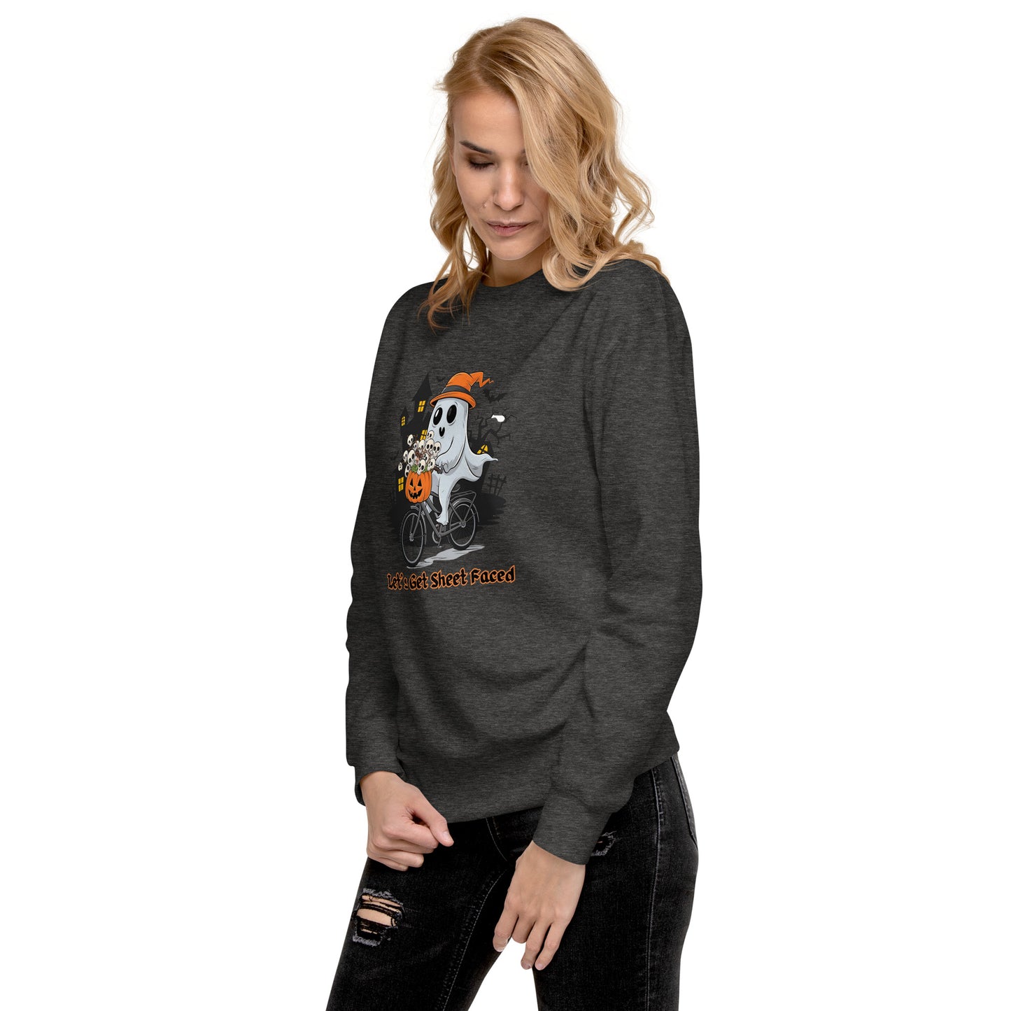 "Let's Get Sheet Faced" Unisex Premium Sweatshirt with Cute Ghost Riding a Bike - Cozy, Fun, and Perfect for Halloween