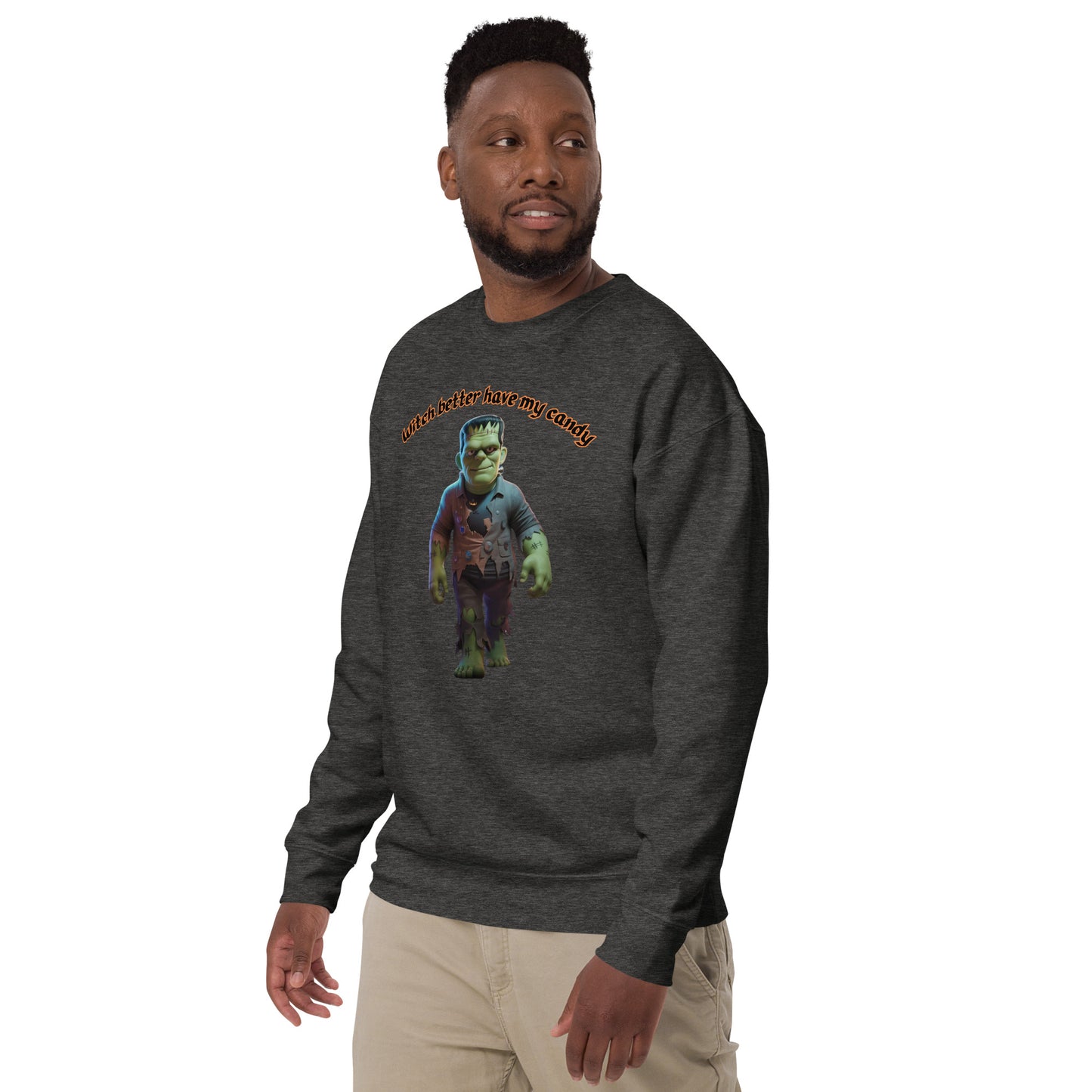 "Witch Better Have My Candy" Unisex Premium Sweatshirt with Frankenstein - Cozy, Stylish, and Perfect for Halloween