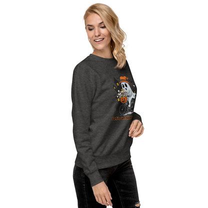 "Let's Get Sheet Faced" Unisex Premium Sweatshirt with Cute Ghost Riding a Bike - Cozy, Fun, and Perfect for Halloween