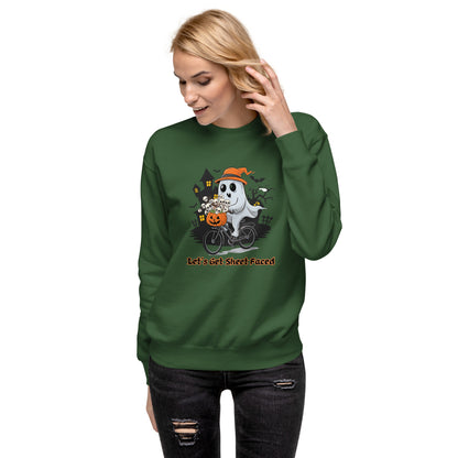 "Let's Get Sheet Faced" Unisex Premium Sweatshirt with Cute Ghost Riding a Bike - Cozy, Fun, and Perfect for Halloween