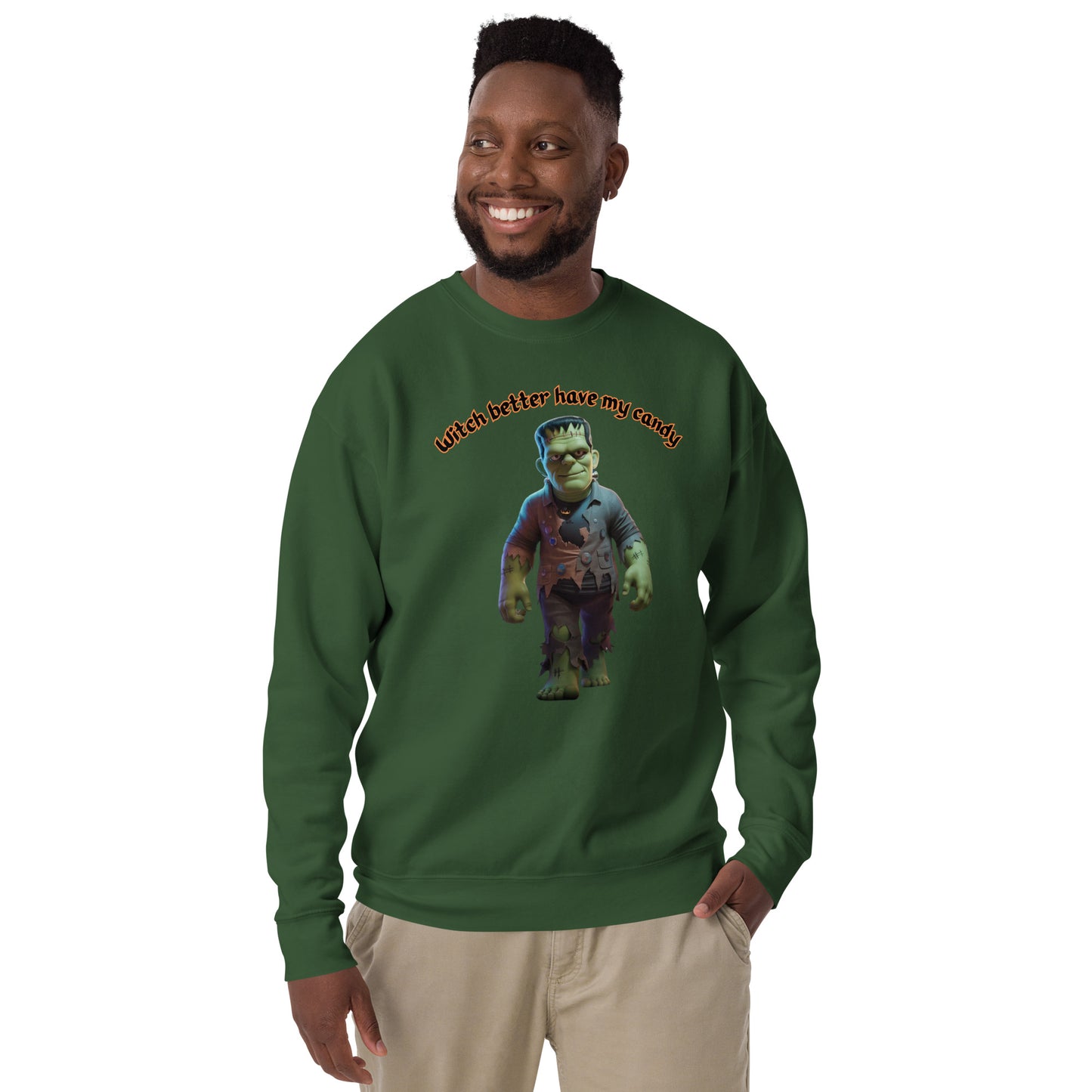 "Witch Better Have My Candy" Unisex Premium Sweatshirt with Frankenstein - Cozy, Stylish, and Perfect for Halloween