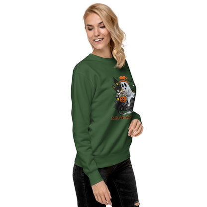 "Let's Get Sheet Faced" Unisex Premium Sweatshirt with Cute Ghost Riding a Bike - Cozy, Fun, and Perfect for Halloween