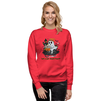 "Let's Get Sheet Faced" Unisex Premium Sweatshirt with Cute Ghost Riding a Bike - Cozy, Fun, and Perfect for Halloween