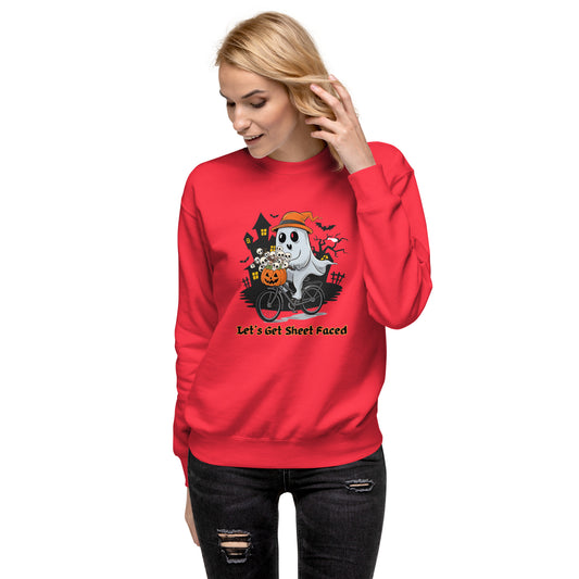 "Let's Get Sheet Faced" Unisex Premium Sweatshirt with Cute Ghost Riding a Bike - Cozy, Fun, and Perfect for Halloween