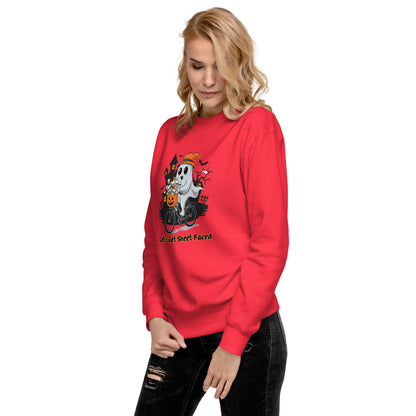 "Let's Get Sheet Faced" Unisex Premium Sweatshirt with Cute Ghost Riding a Bike - Cozy, Fun, and Perfect for Halloween