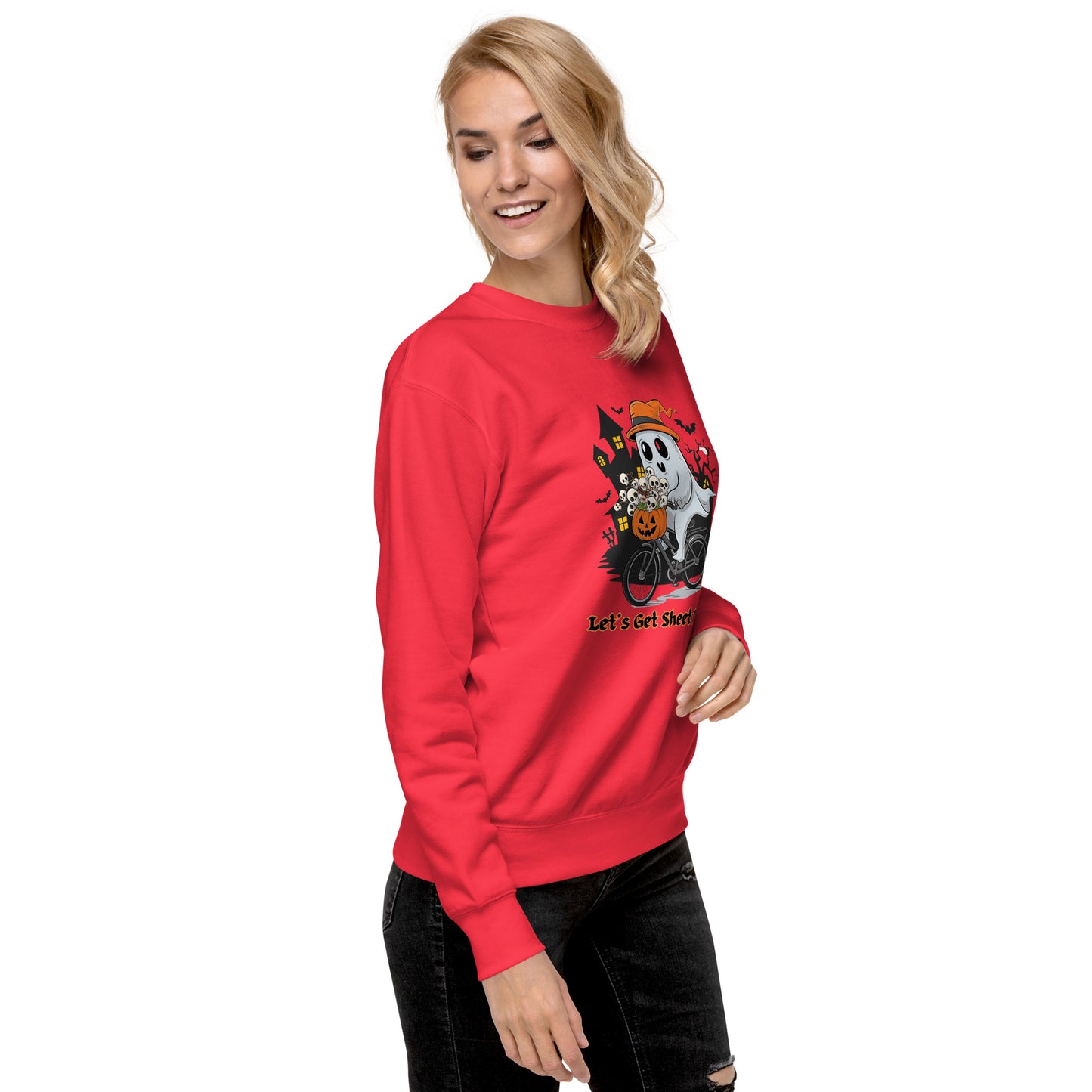 "Let's Get Sheet Faced" Unisex Premium Sweatshirt with Cute Ghost Riding a Bike - Cozy, Fun, and Perfect for Halloween