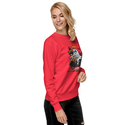 "Let's Get Sheet Faced" Unisex Premium Sweatshirt with Cute Ghost Riding a Bike - Cozy, Fun, and Perfect for Halloween