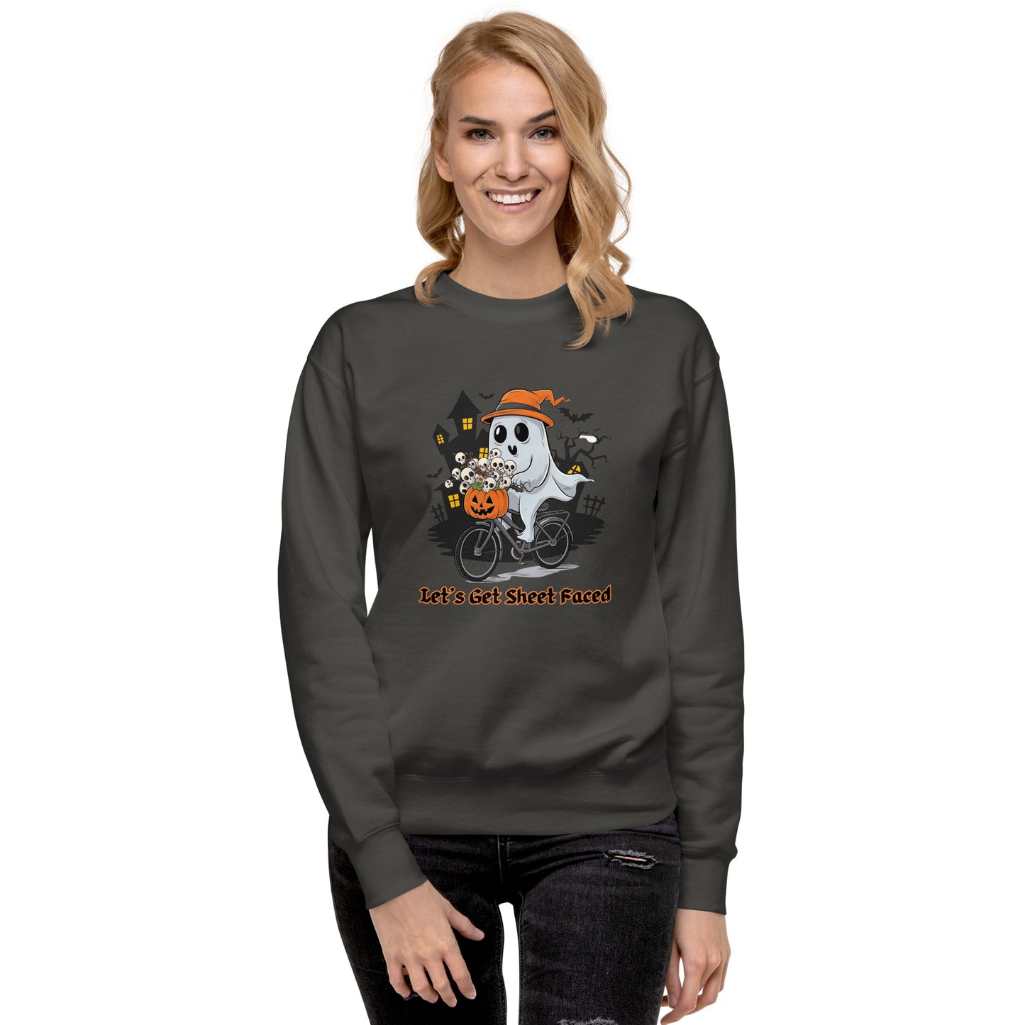 "Let's Get Sheet Faced" Unisex Premium Sweatshirt with Cute Ghost Riding a Bike - Cozy, Fun, and Perfect for Halloween