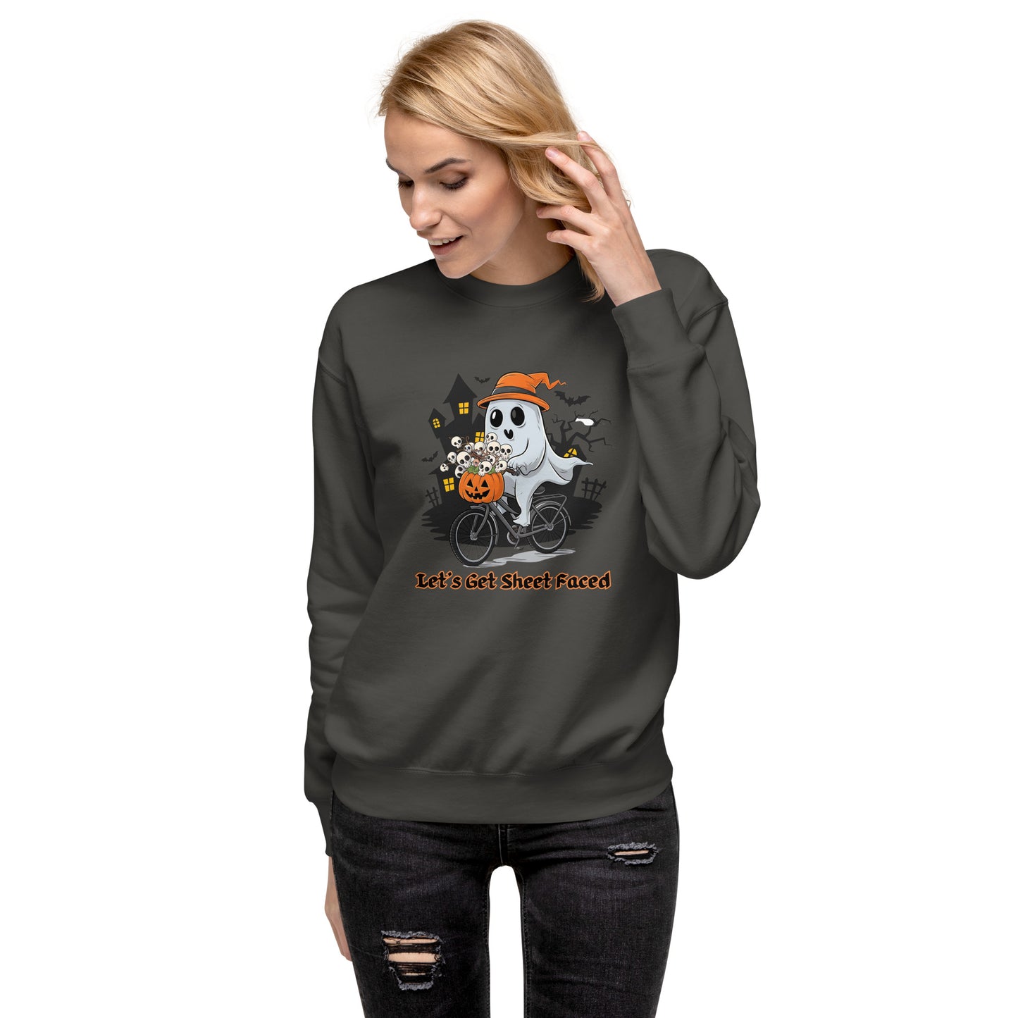 "Let's Get Sheet Faced" Unisex Premium Sweatshirt with Cute Ghost Riding a Bike - Cozy, Fun, and Perfect for Halloween