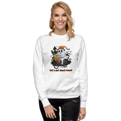 "Let's Get Sheet Faced" Unisex Premium Sweatshirt with Cute Ghost Riding a Bike - Cozy, Fun, and Perfect for Halloween