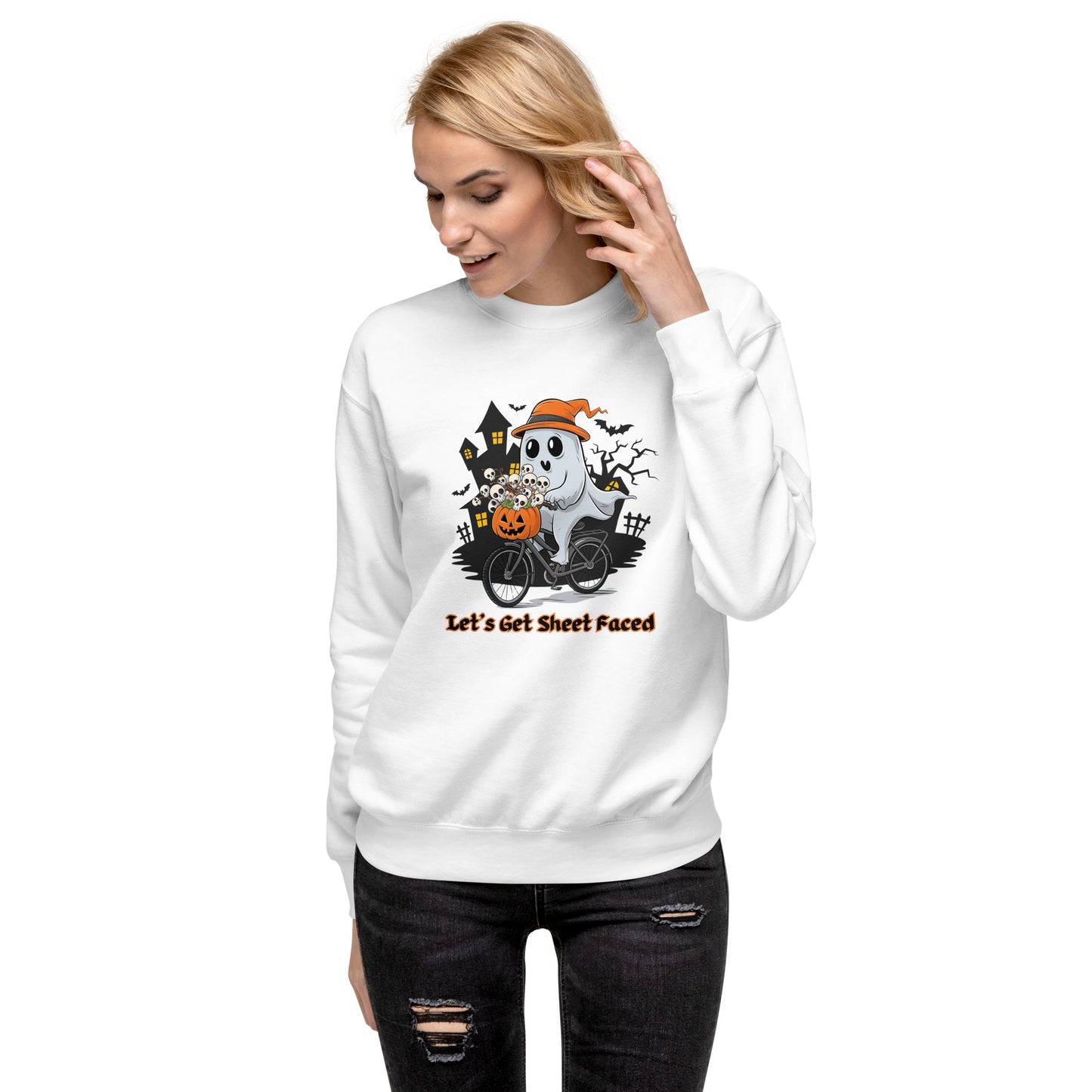 "Let's Get Sheet Faced" Unisex Premium Sweatshirt with Cute Ghost Riding a Bike - Cozy, Fun, and Perfect for Halloween