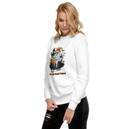 "Let's Get Sheet Faced" Unisex Premium Sweatshirt with Cute Ghost Riding a Bike - Cozy, Fun, and Perfect for Halloween