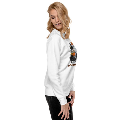 "Let's Get Sheet Faced" Unisex Premium Sweatshirt with Cute Ghost Riding a Bike - Cozy, Fun, and Perfect for Halloween