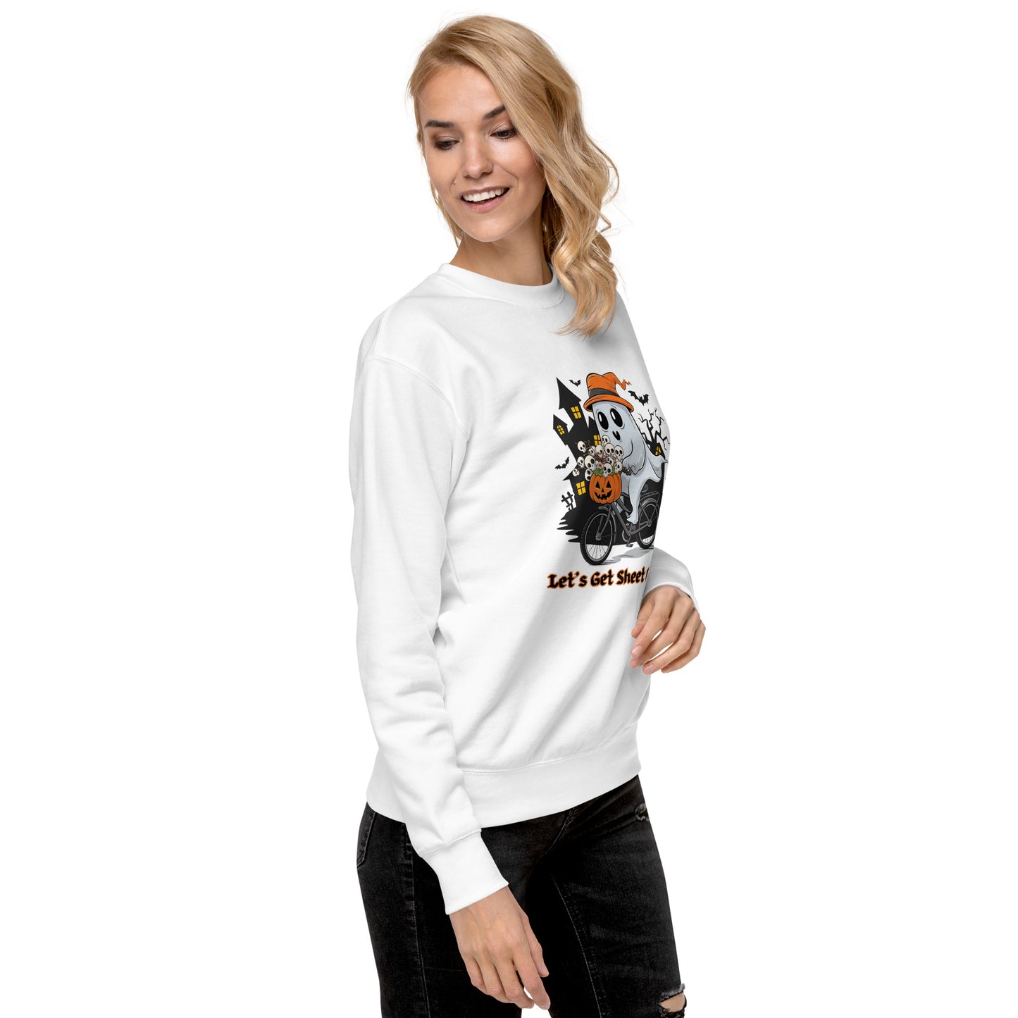 "Let's Get Sheet Faced" Unisex Premium Sweatshirt with Cute Ghost Riding a Bike - Cozy, Fun, and Perfect for Halloween