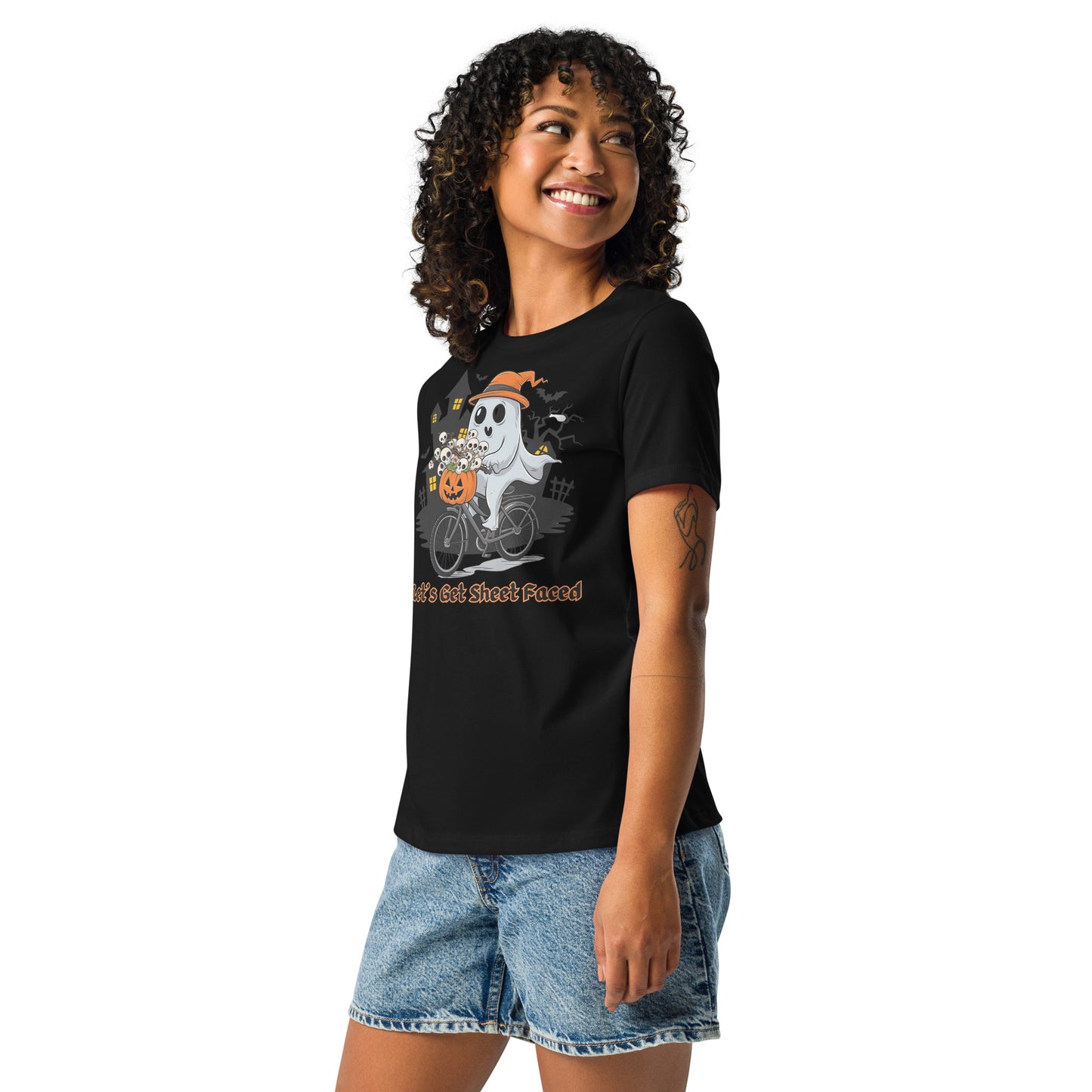 The viral "Let's Get Sheet Faced" Women's Relaxed Tee - Soft, Stylish, and Perfect for a Fun Halloween - Women's Relaxed T-Shirt