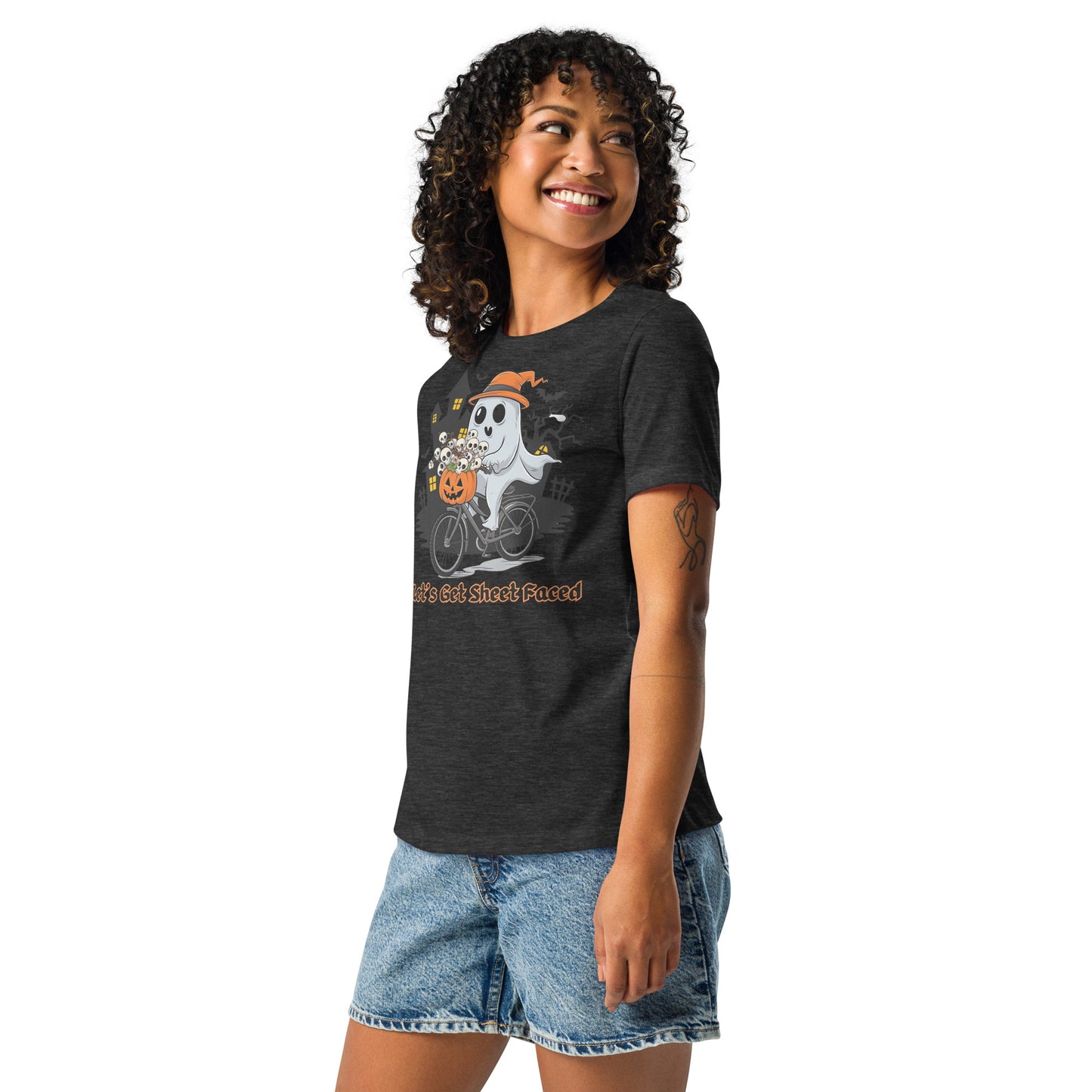 The viral "Let's Get Sheet Faced" Women's Relaxed Tee - Soft, Stylish, and Perfect for a Fun Halloween - Women's Relaxed T-Shirt