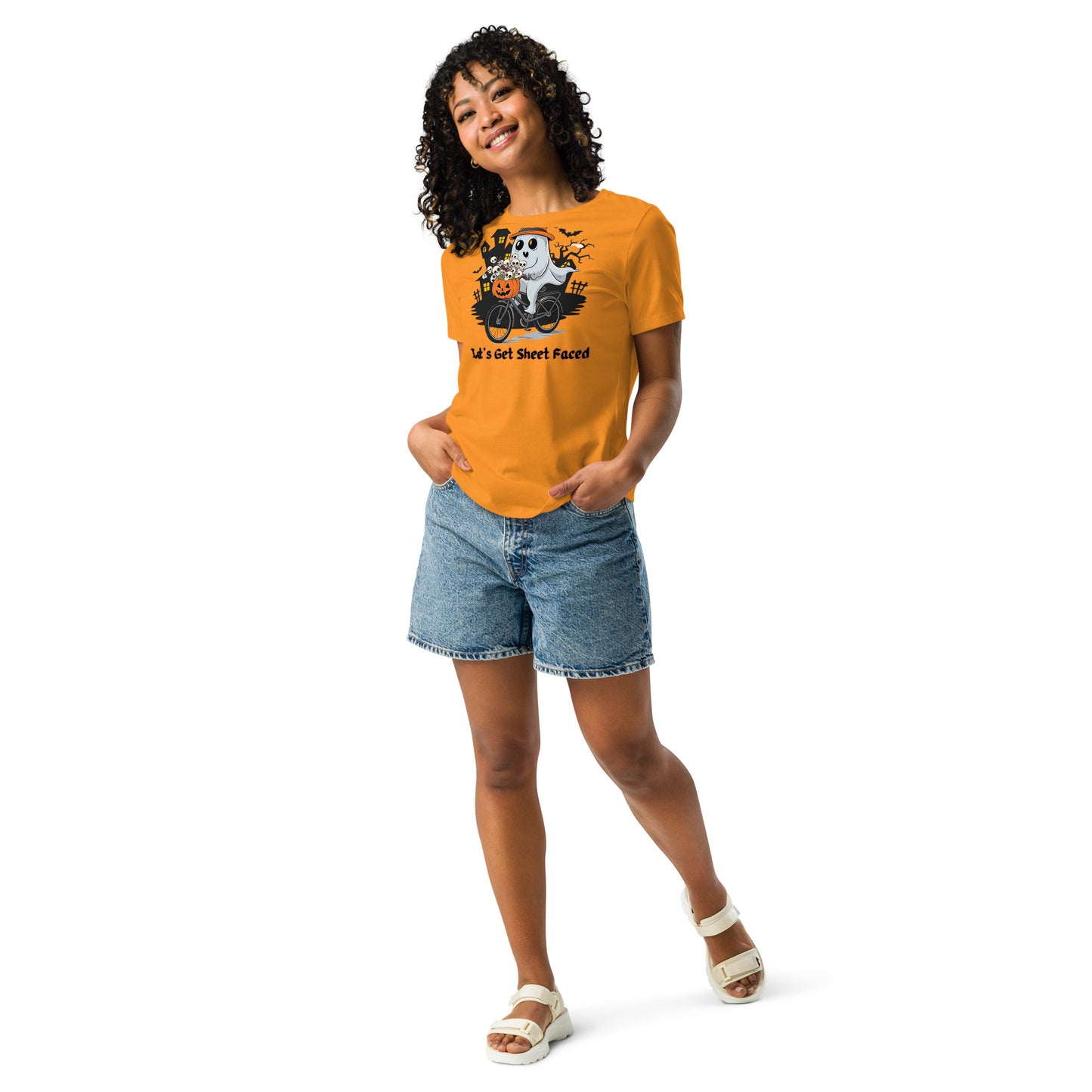 The viral "Let's Get Sheet Faced" Women's Relaxed Tee - Soft, Stylish, and Perfect for a Fun Halloween - Women's Relaxed T-Shirt