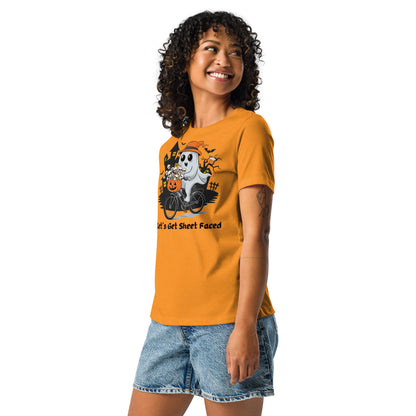 The viral "Let's Get Sheet Faced" Women's Relaxed Tee - Soft, Stylish, and Perfect for a Fun Halloween - Women's Relaxed T-Shirt