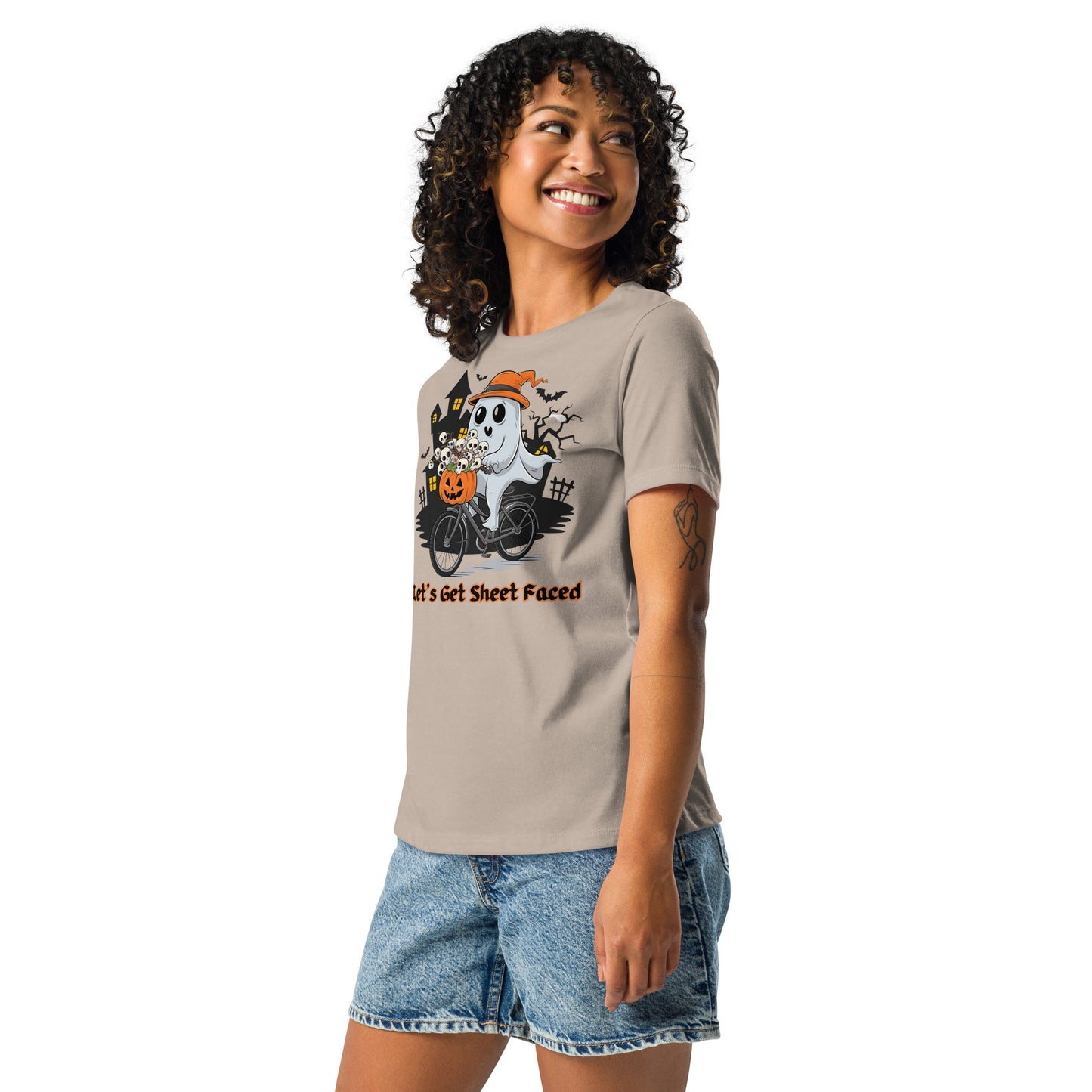 The viral "Let's Get Sheet Faced" Women's Relaxed Tee - Soft, Stylish, and Perfect for a Fun Halloween - Women's Relaxed T-Shirt