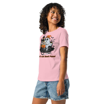 The viral "Let's Get Sheet Faced" Women's Relaxed Tee - Soft, Stylish, and Perfect for a Fun Halloween - Women's Relaxed T-Shirt