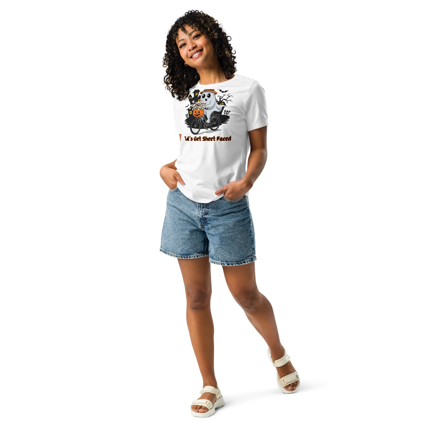 The viral "Let's Get Sheet Faced" Women's Relaxed Tee - Soft, Stylish, and Perfect for a Fun Halloween - Women's Relaxed T-Shirt