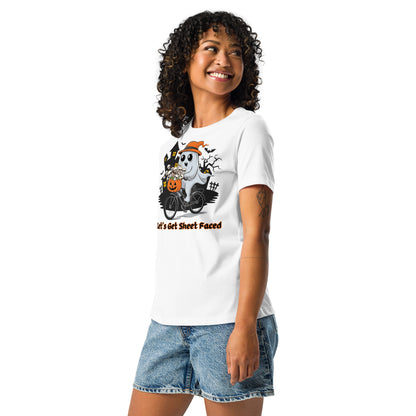 The viral "Let's Get Sheet Faced" Women's Relaxed Tee - Soft, Stylish, and Perfect for a Fun Halloween - Women's Relaxed T-Shirt